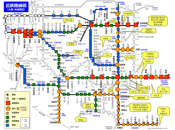 奈良県の主要観光地・近鉄電車路線図